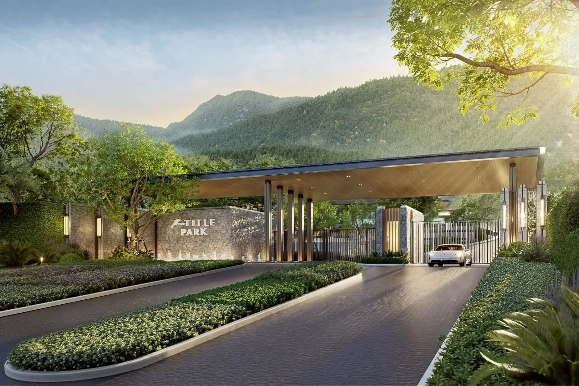 The estate entrance: timber gatehouse canopy over the drive, hills behind