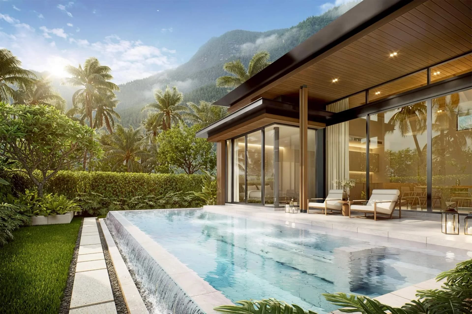 Selene: die eingeschossige Villa hinter ihrem eigenen Infinity-Pool, dahinter die Hügel von Cherngtalay